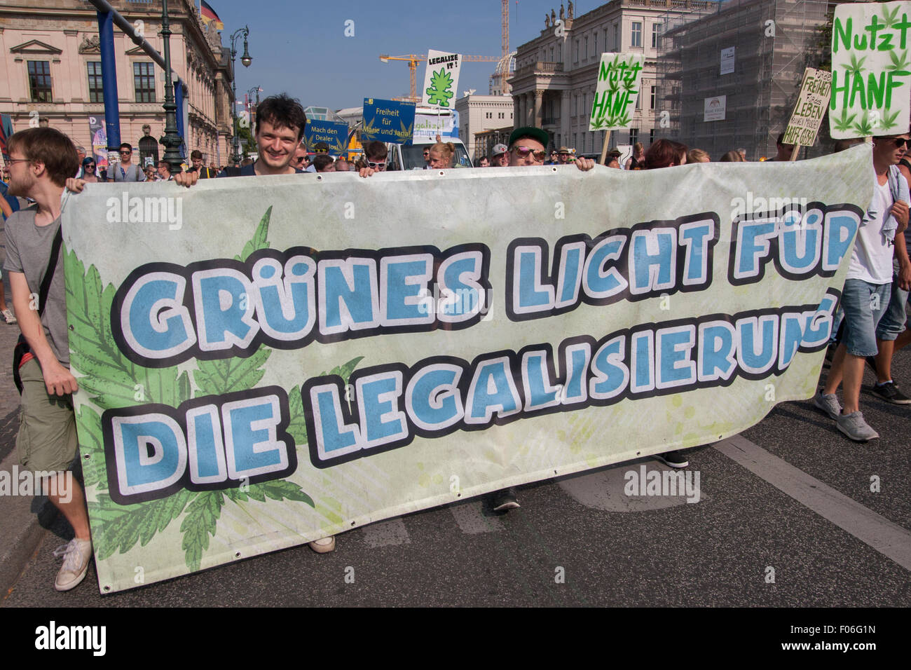 Berlin, Germany. 08th Aug, 2015. 'Hanfparade' (Hemp parade) Demonstration in Berlin, Germany. Protesters demand legalization of marijuana. Stock Photo