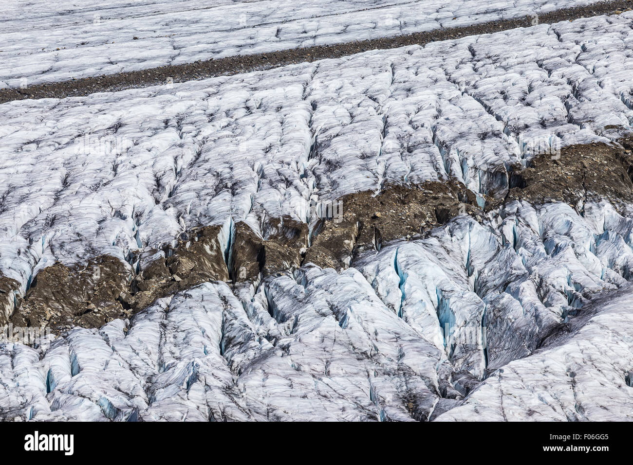 The Aletsch Glacier. Aletschgletscher. Glacier surface, crevasses.  Eastern Bernese Alps in the Swiss canton of Valais. Switzerland. Stock Photo