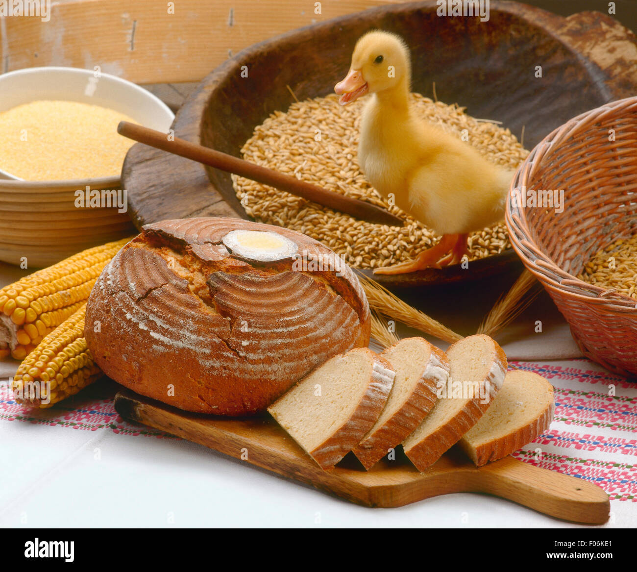 Multigrain bread with ingredients and little duck Stock Photo