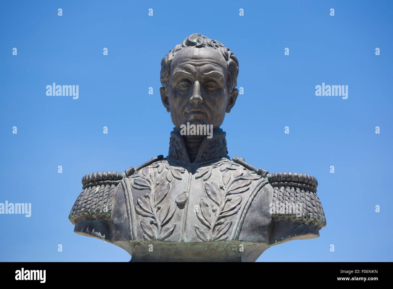 Statue of Simon Bolivar on public square in Merida against a clear blue sky. Venezuela Stock Photo