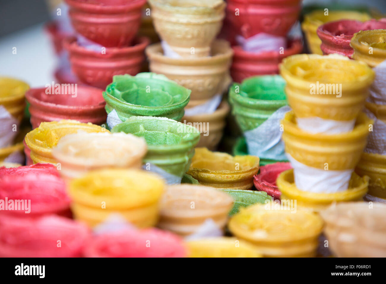 Market of Otavalo, composition of empty colorful ice cream cones. Ecuador 2015. Stock Photo