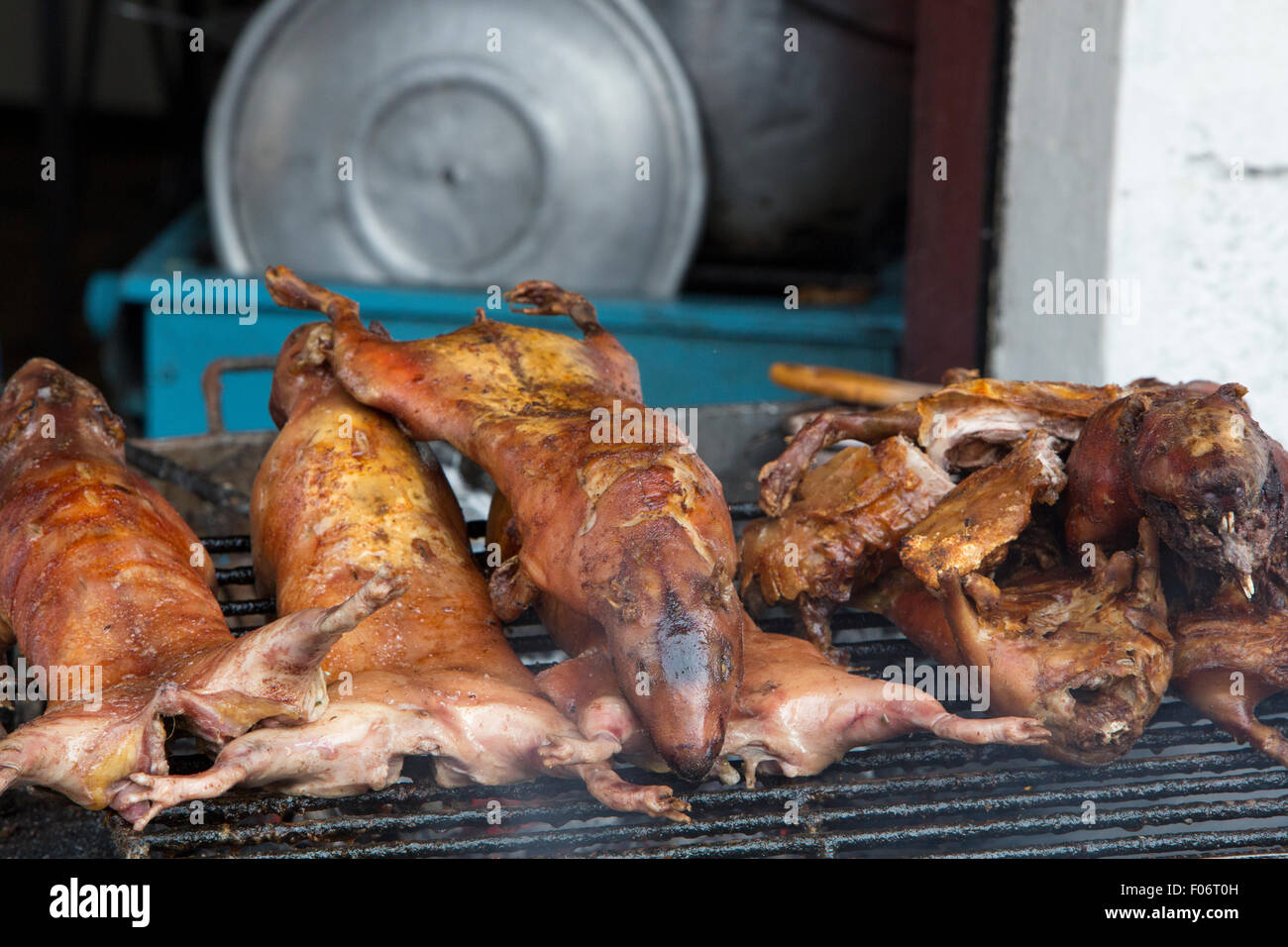 Guinea pigs being barbecued on Ambato Street at the market hall in Banos, Ecuador. In Ecuador, guinea pig (cuy) Stock Photo