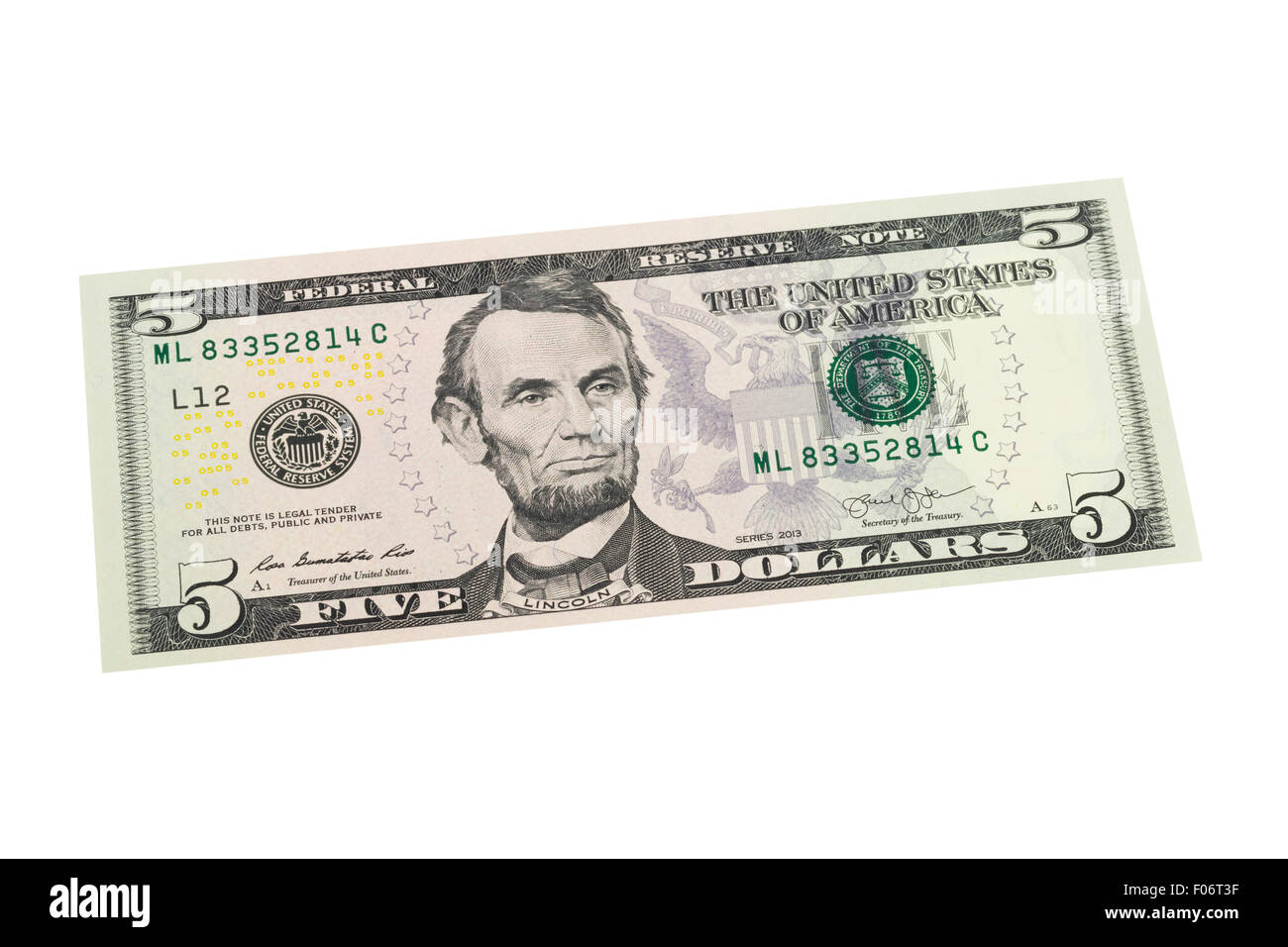 American five us dollar note on a white background Stock Photo