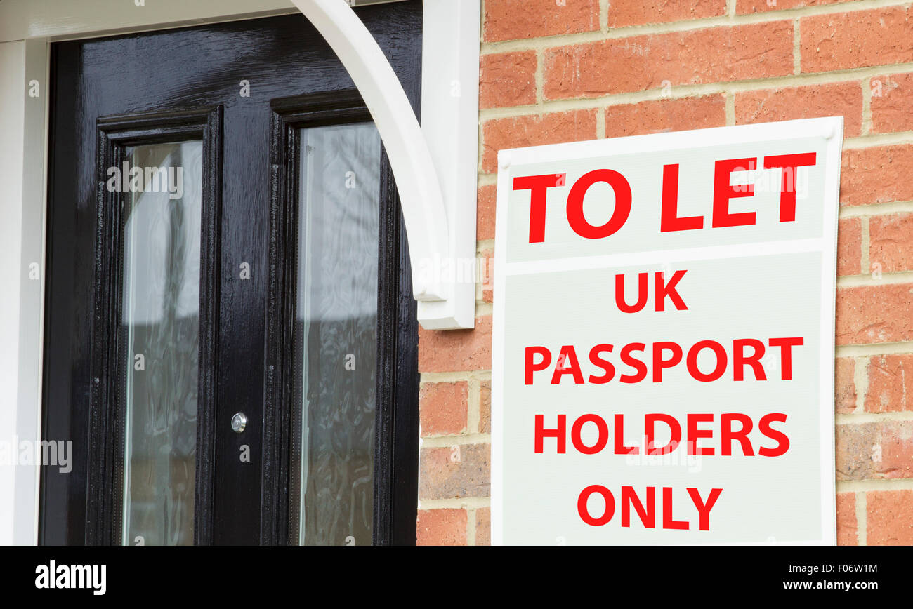 Right to rent concept image. To Let sign saying to UK passport holders only. Stock Photo