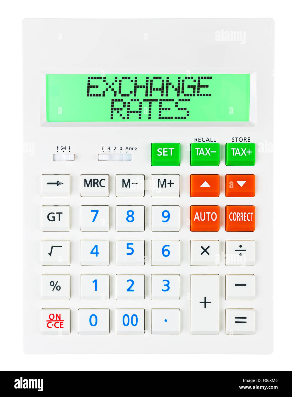 Calculator with EXCHANGE RATES on display on white background Stock