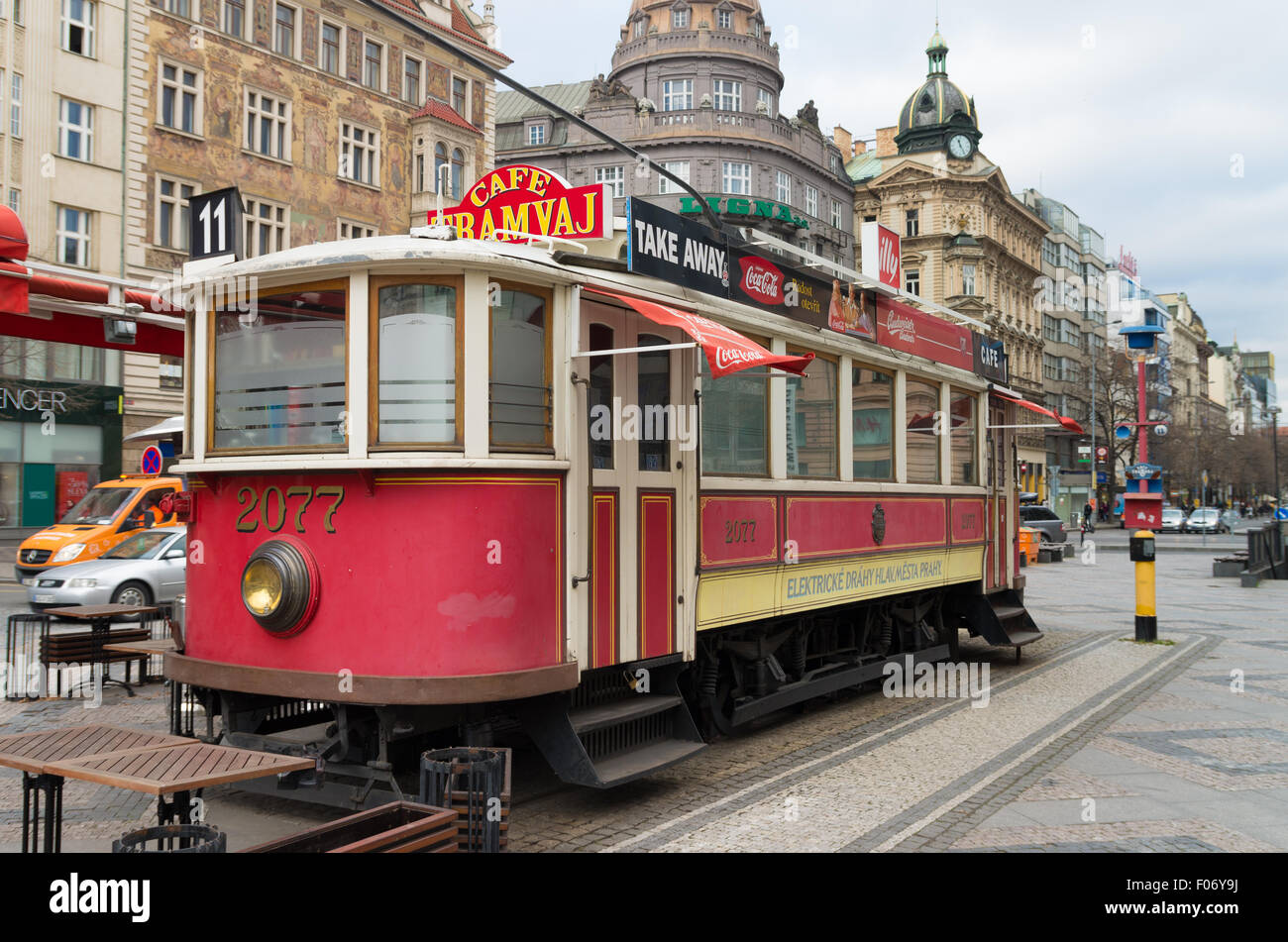 PRAGUE - DECEMBER 23, 2014: Cafe in the form of an old tram on the Wenceslas square. The square is named after Saint Wenceslas, Stock Photo
