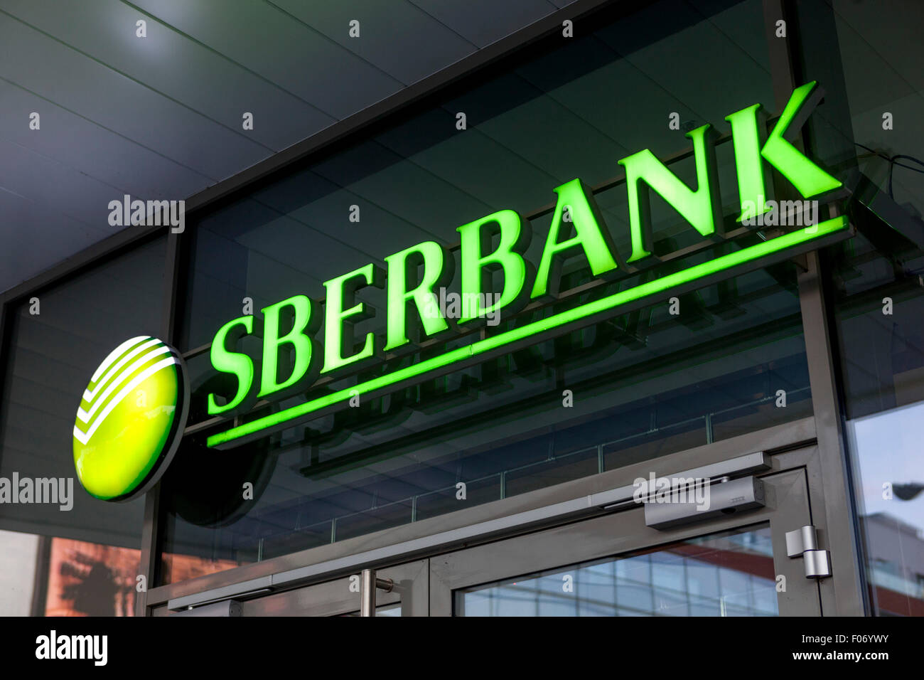 Sberbank, sign in town Teplice, Czech Republic Stock Photo