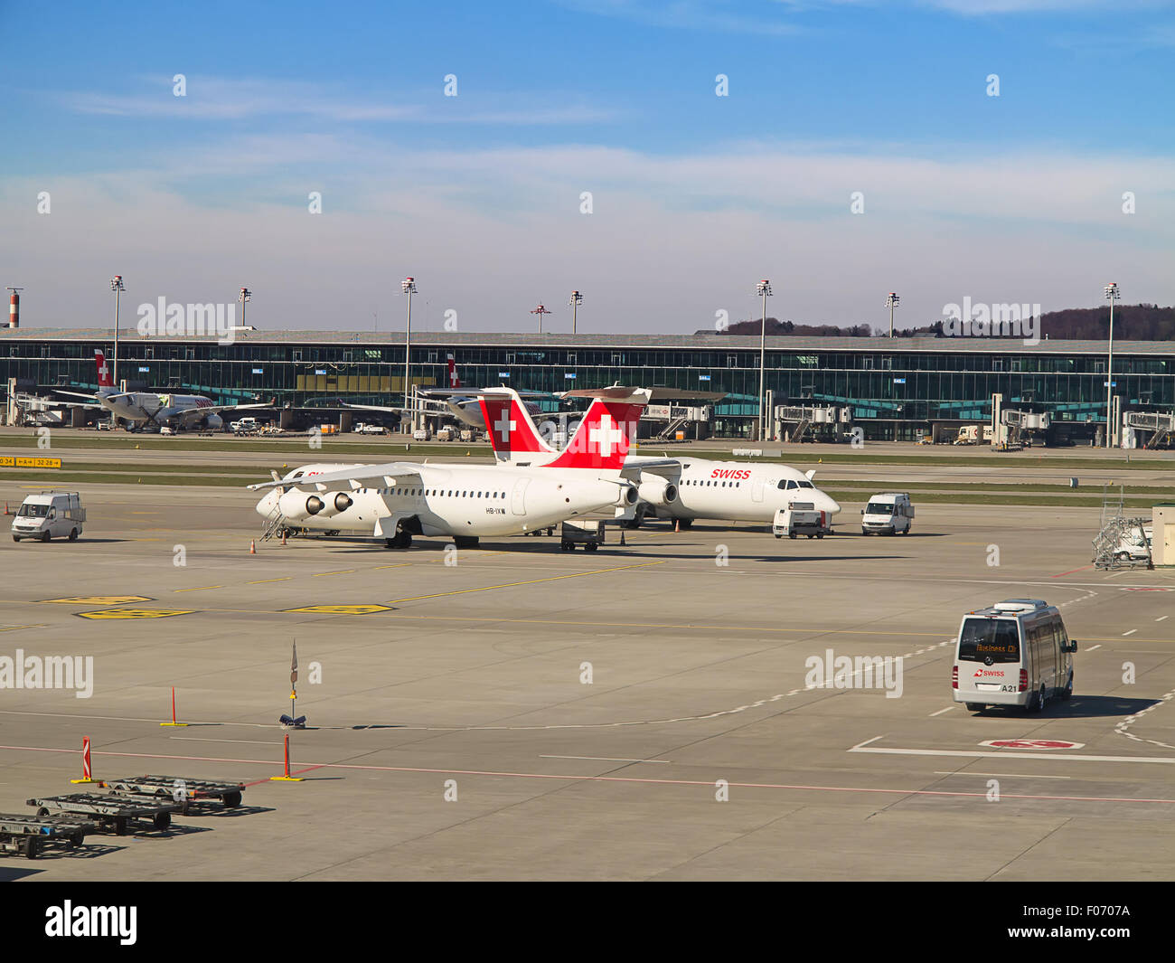 ZURICH - JULY 18: AVRO RJ100 in Zurich airport after short haul flight on July 18, 2015 in Zurich, Switzerland. Zurich airport i Stock Photo