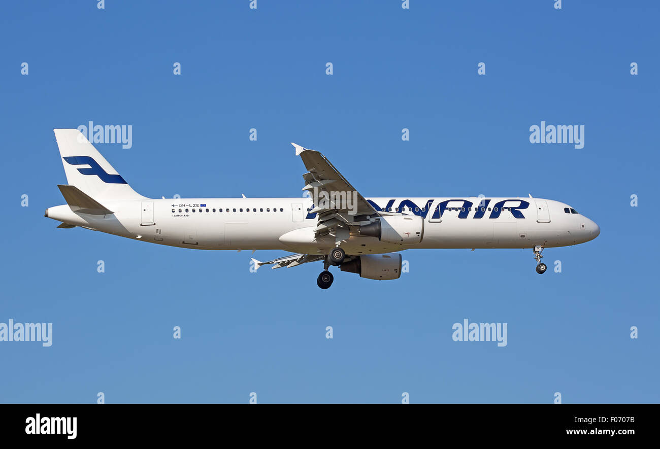 ZURICH - JULY 18: Airbus A-321 Finair landing in Zurich airport after short haul flight on July 18, 2015 in Zurich, Switzerland. Stock Photo