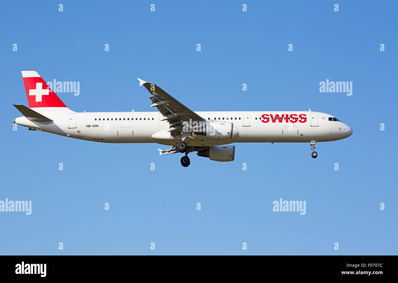 ZURICH - JULY 18: Airbus A-321 landing in Zurich airport after short haul flight on July 18, 2015 in Zurich, Switzerland. Zurich Stock Photo