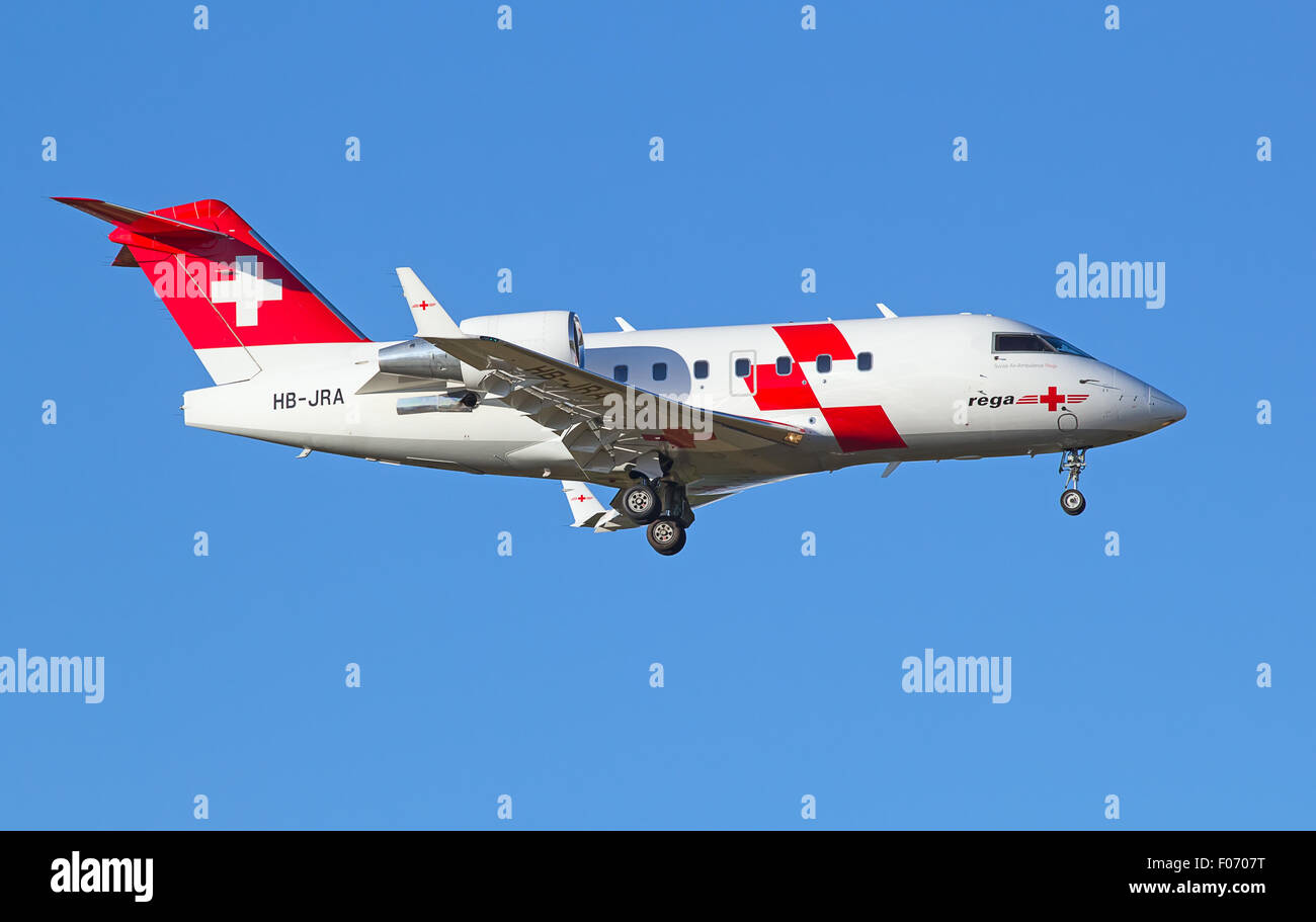ZURICH - JULY 18: REGA Air Ambulance landing in Zurich after short haul flight on July 18, 2015 in Zurich, Switzerland. Main tas Stock Photo