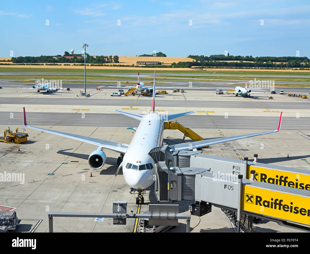 VIENNA - JULY 8: Austrian Airlines A-319 preparing for take-off in Vienna airport on July 8, 2015 in Vienna, Austria. Vienna air Stock Photo