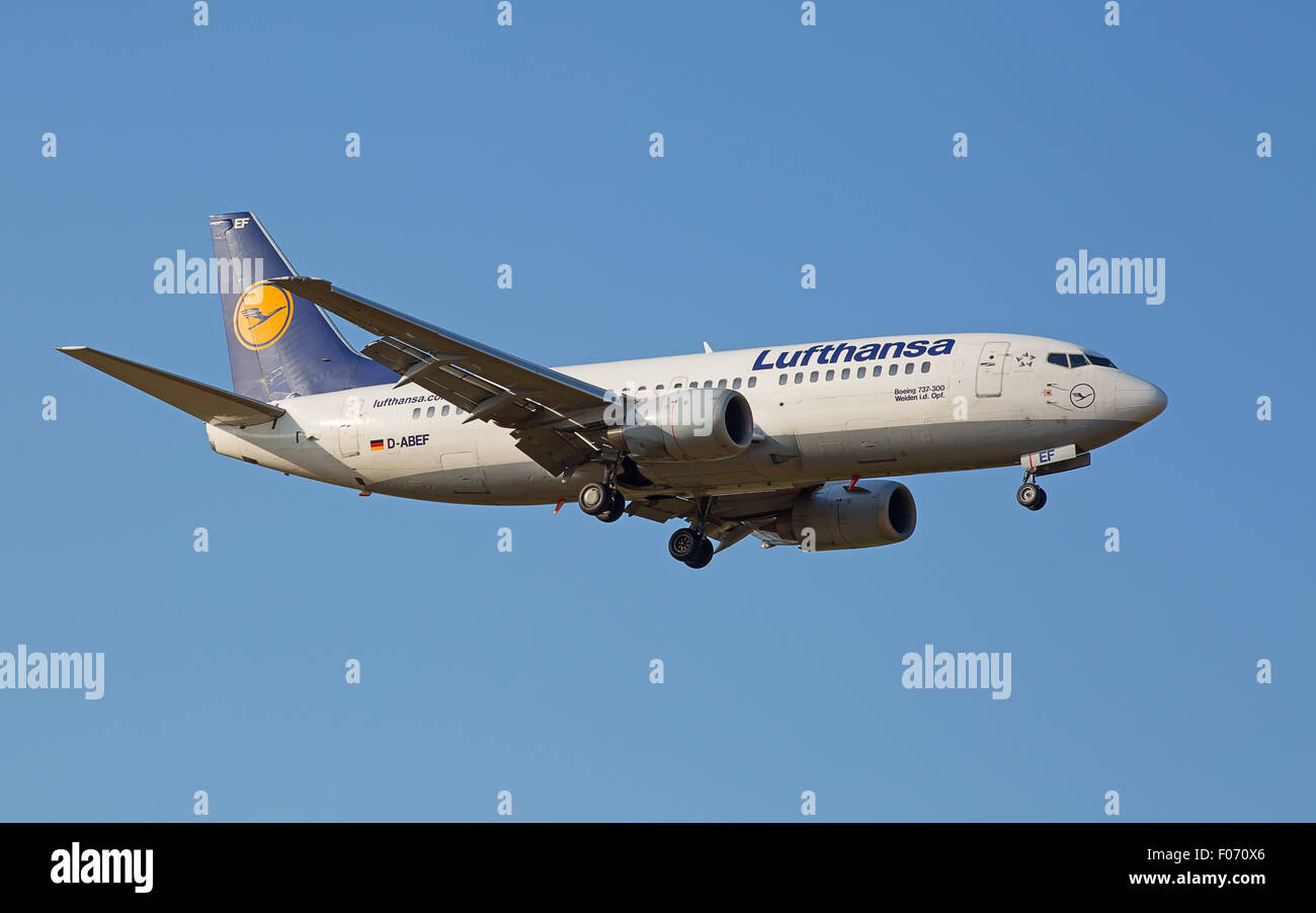 ZURICH - JULY 18: Boeing-737 Lufthansa landing in Zurich after short haul flight on July 18, 2015 in Zurich, Switzerland. Zurich Stock Photo