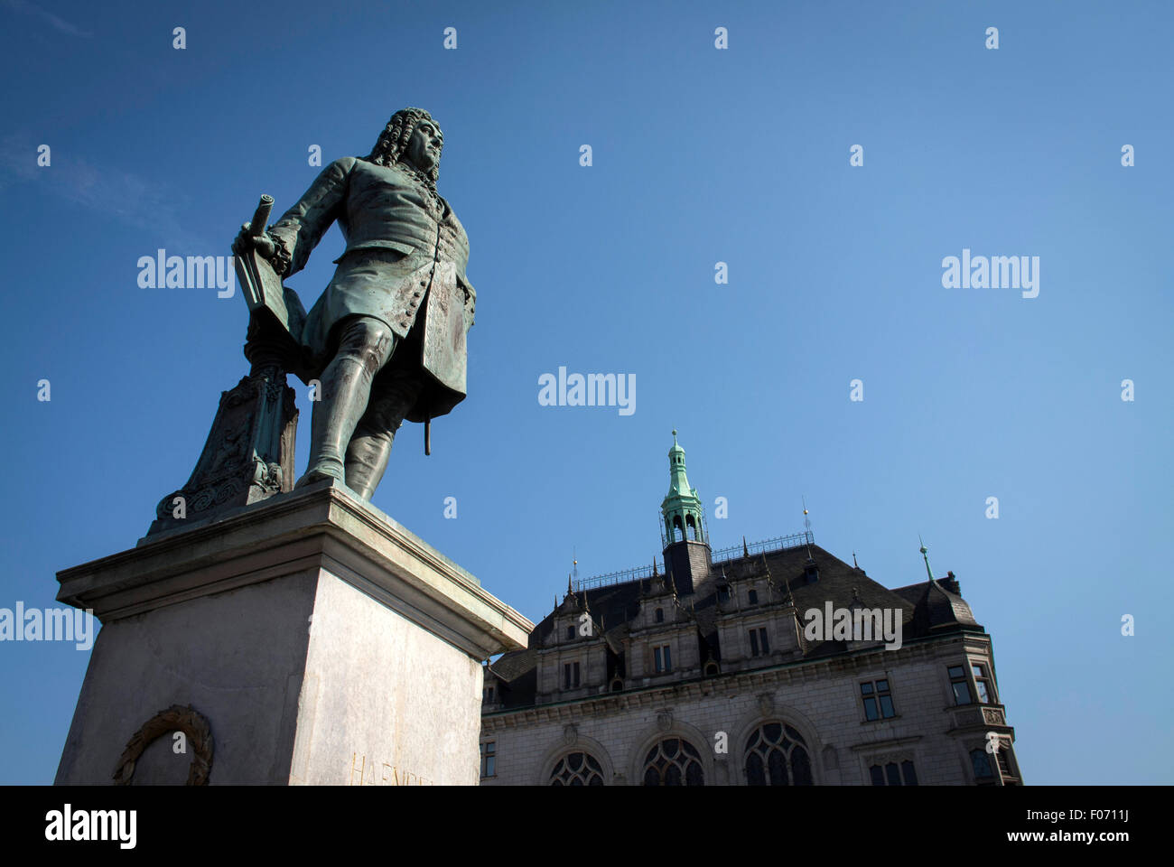 Halle, Germany is the birthplace of composer Georg Friedrich Händel. A statue is erected in the city market place to his honor. Stock Photo