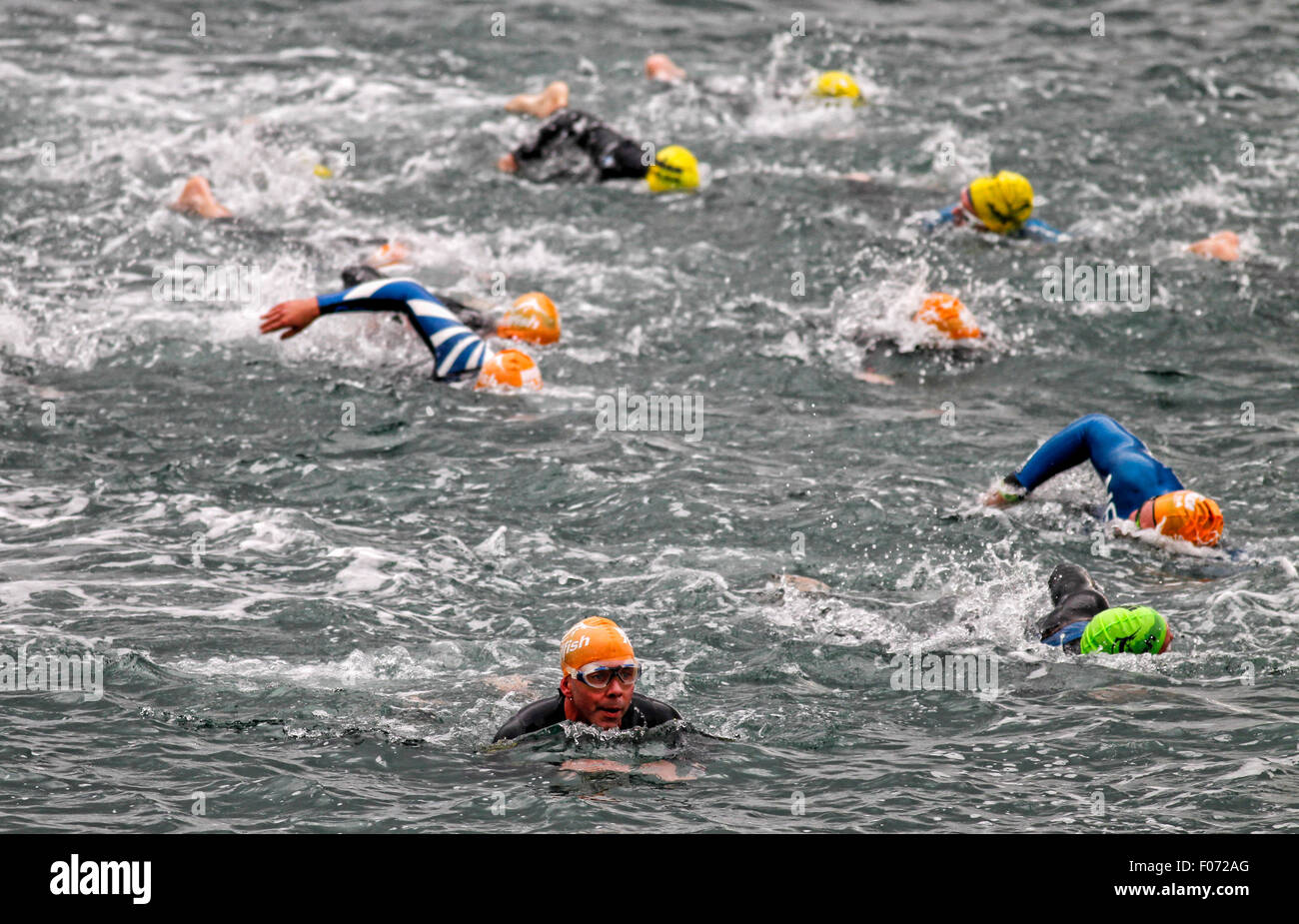 Dublin, Ireland. 09th Aug, 2015. Participants in the Ironman triathlon event in Dublin start the event by swimming 1.9km in Scotsman's Bay, Dun Laoghaire, Dublin, Ireland on 9th August 2015. Around 2500 athletes participated in the event, the first to be held in Dublin. Credit:  Glyn Thomas Photography/Alamy Live News Stock Photo
