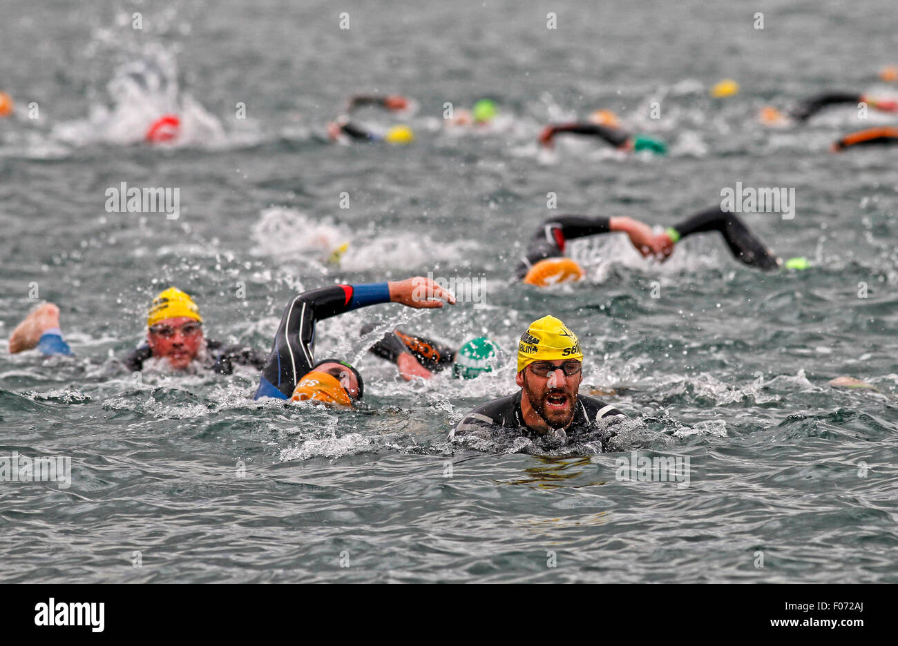 Dublin, Ireland. 09th Aug, 2015. Participants in the Ironman triathlon event in Dublin start the event by swimming 1.9km in Scotsman's Bay, Dun Laoghaire, Dublin, Ireland on 9th August 2015. Around 2500 athletes participated in the event, the first to be held in Dublin. Credit:  Glyn Thomas Photography/Alamy Live News Stock Photo