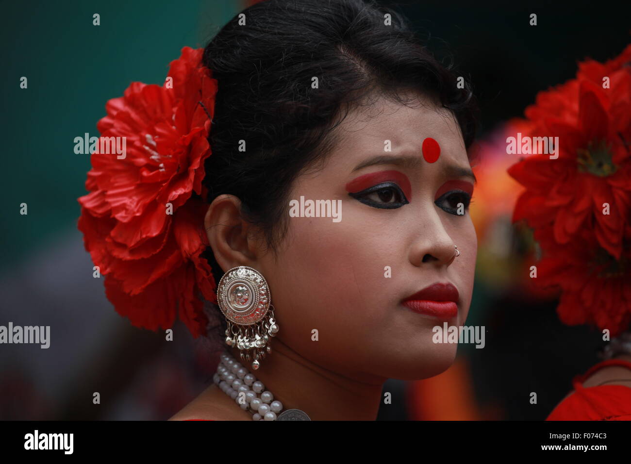 Dhaka, Bangladesh. 9th August, 2015. Bangladeshi indegenious women participate in a gathering in Dhaka held to celebrate United Nations' (UN) International Day of the World's Indigenous People. The event is observed to promote and protect the rights of the indigenous communities rich and diverse cultures  in Dhaka on August 8, 2015.  This year United Ntions make slogan for ths day is 'Ensuring indigenous peoples' health and well-being'. Credit:  zakir hossain chowdhury zakir/Alamy Live News Stock Photo