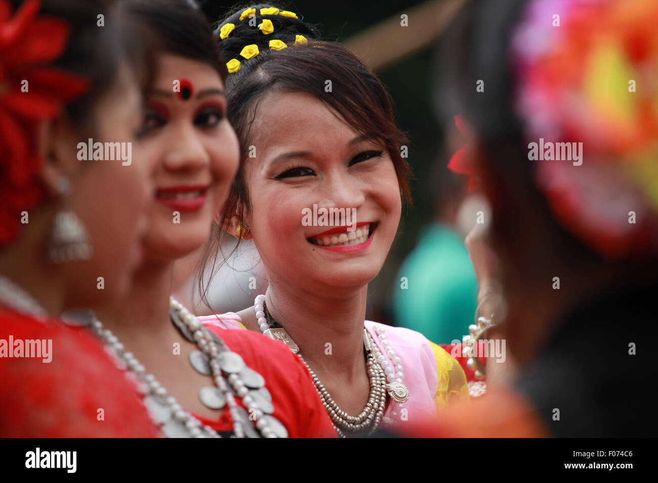 Dhaka, Bangladesh. 9th August, 2015. Bangladeshi indegenious women participate in a gathering in Dhaka held to celebrate United Nations' (UN) International Day of the World's Indigenous People. The event is observed to promote and protect the rights of the indigenous communities rich and diverse cultures  in Dhaka on August 8, 2015.  This year United Ntions make slogan for ths day is 'Ensuring indigenous peoples' health and well-being'. Credit:  zakir hossain chowdhury zakir/Alamy Live News Stock Photo