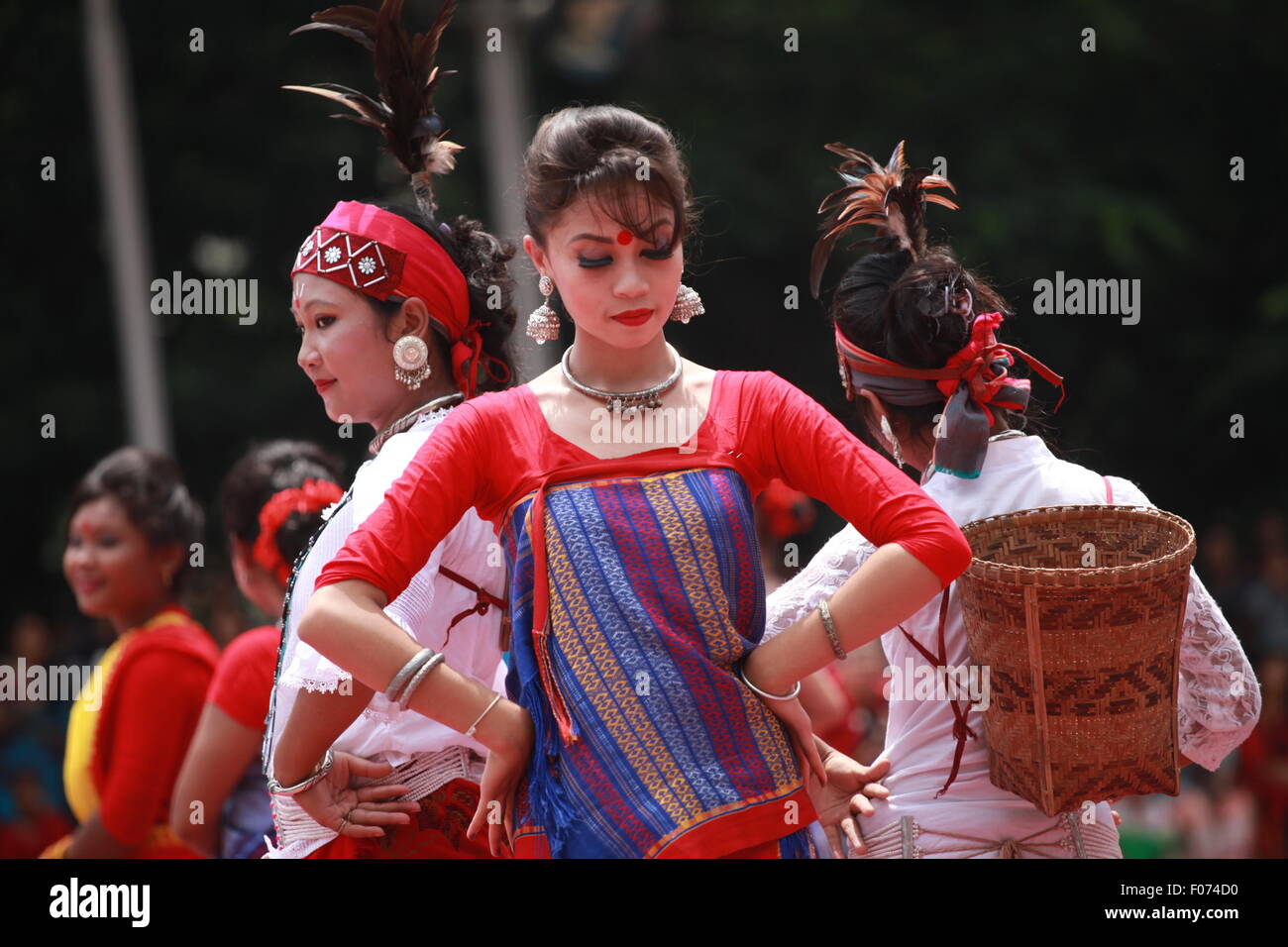 Dhaka, Bangladesh. 9th August, 2015. Bangladeshi indegenious women participate in a gathering in Dhaka held to celebrate United Nations' (UN) International Day of the World's Indigenous People. The event is observed to promote and protect the rights of the indigenous communities rich and diverse cultures  in Dhaka on August 8, 2015.  This year United Ntions make slogan for ths day is 'Ensuring indigenous peoples' health and well-being'. Credit:  zakir hossain chowdhury zakir/Alamy Live News Stock Photo