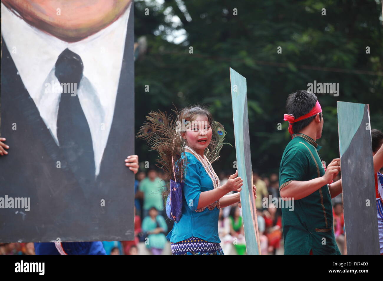 Dhaka, Bangladesh. 9th August, 2015. Bangladeshi indegenious women participate in a gathering in Dhaka held to celebrate United Nations' (UN) International Day of the World's Indigenous People. The event is observed to promote and protect the rights of the indigenous communities rich and diverse cultures  in Dhaka on August 8, 2015.  This year United Ntions make slogan for ths day is 'Ensuring indigenous peoples' health and well-being'. Credit:  zakir hossain chowdhury zakir/Alamy Live News Stock Photo