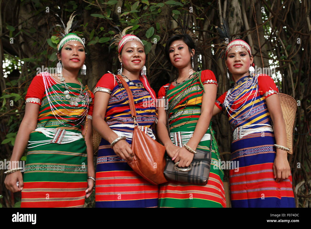 Dhaka, Bangladesh. 9th August, 2015. Bangladeshi indegenious women participate in a gathering in Dhaka held to celebrate United Nations' (UN) International Day of the World's Indigenous People. The event is observed to promote and protect the rights of the indigenous communities rich and diverse cultures  in Dhaka on August 8, 2015.  This year United Ntions make slogan for ths day is 'Ensuring indigenous peoples' health and well-being'. Credit:  zakir hossain chowdhury zakir/Alamy Live News Stock Photo