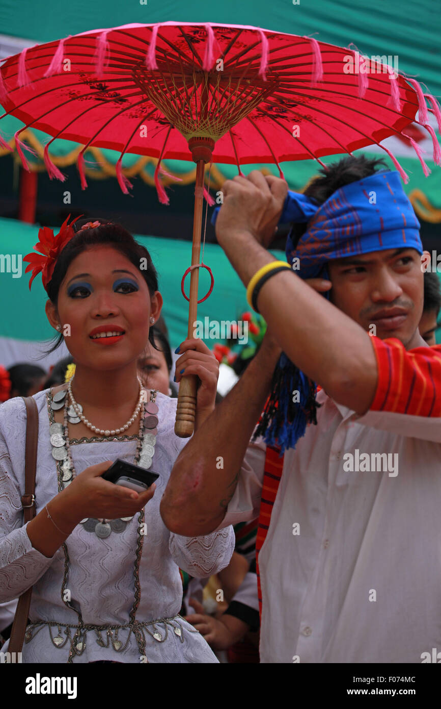 Dhaka, Bangladesh. 9th August, 2015. Bangladeshi indegenious women participate in a gathering in Dhaka held to celebrate United Nations' (UN) International Day of the World's Indigenous People. The event is observed to promote and protect the rights of the indigenous communities rich and diverse cultures  in Dhaka on August 8, 2015.  This year United Ntions make slogan for ths day is 'Ensuring indigenous peoples' health and well-being'. Credit:  zakir hossain chowdhury zakir/Alamy Live News Stock Photo