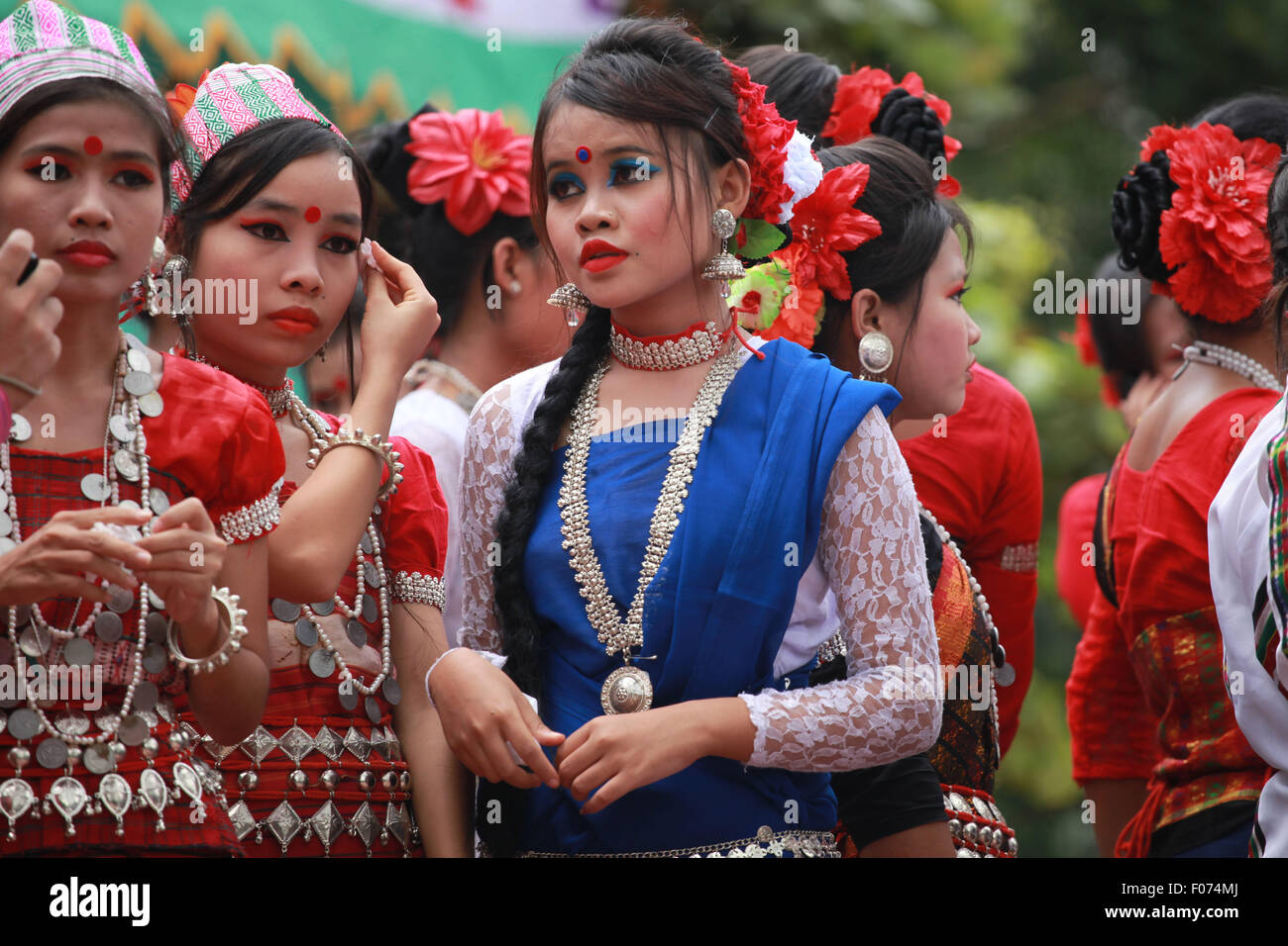 Dhaka, Bangladesh. 9th August, 2015. Bangladeshi indegenious women participate in a gathering in Dhaka held to celebrate United Nations' (UN) International Day of the World's Indigenous People. The event is observed to promote and protect the rights of the indigenous communities rich and diverse cultures  in Dhaka on August 8, 2015.  This year United Ntions make slogan for ths day is 'Ensuring indigenous peoples' health and well-being'. Credit:  zakir hossain chowdhury zakir/Alamy Live News Stock Photo