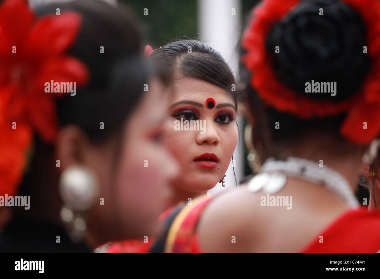 Dhaka, Bangladesh. 9th August, 2015. Bangladeshi indegenious women participate in a gathering in Dhaka held to celebrate United Nations' (UN) International Day of the World's Indigenous People. The event is observed to promote and protect the rights of the indigenous communities rich and diverse cultures  in Dhaka on August 8, 2015.  This year United Ntions make slogan for ths day is 'Ensuring indigenous peoples' health and well-being'. Credit:  zakir hossain chowdhury zakir/Alamy Live News Stock Photo