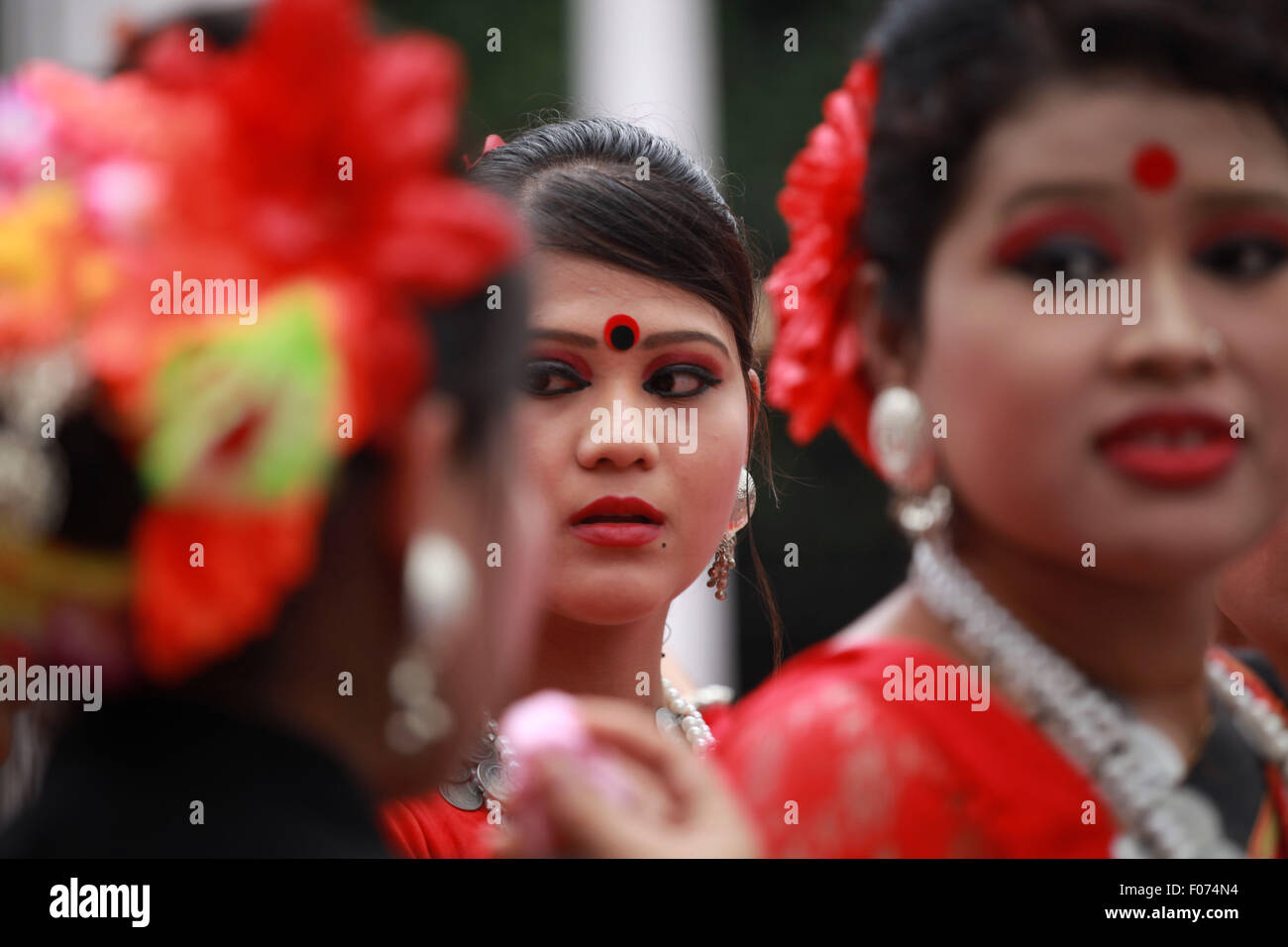 Dhaka, Bangladesh. 9th August, 2015. Bangladeshi indegenious women participate in a gathering in Dhaka held to celebrate United Nations' (UN) International Day of the World's Indigenous People. The event is observed to promote and protect the rights of the indigenous communities rich and diverse cultures  in Dhaka on August 8, 2015.  This year United Ntions make slogan for ths day is 'Ensuring indigenous peoples' health and well-being'. Credit:  zakir hossain chowdhury zakir/Alamy Live News Stock Photo