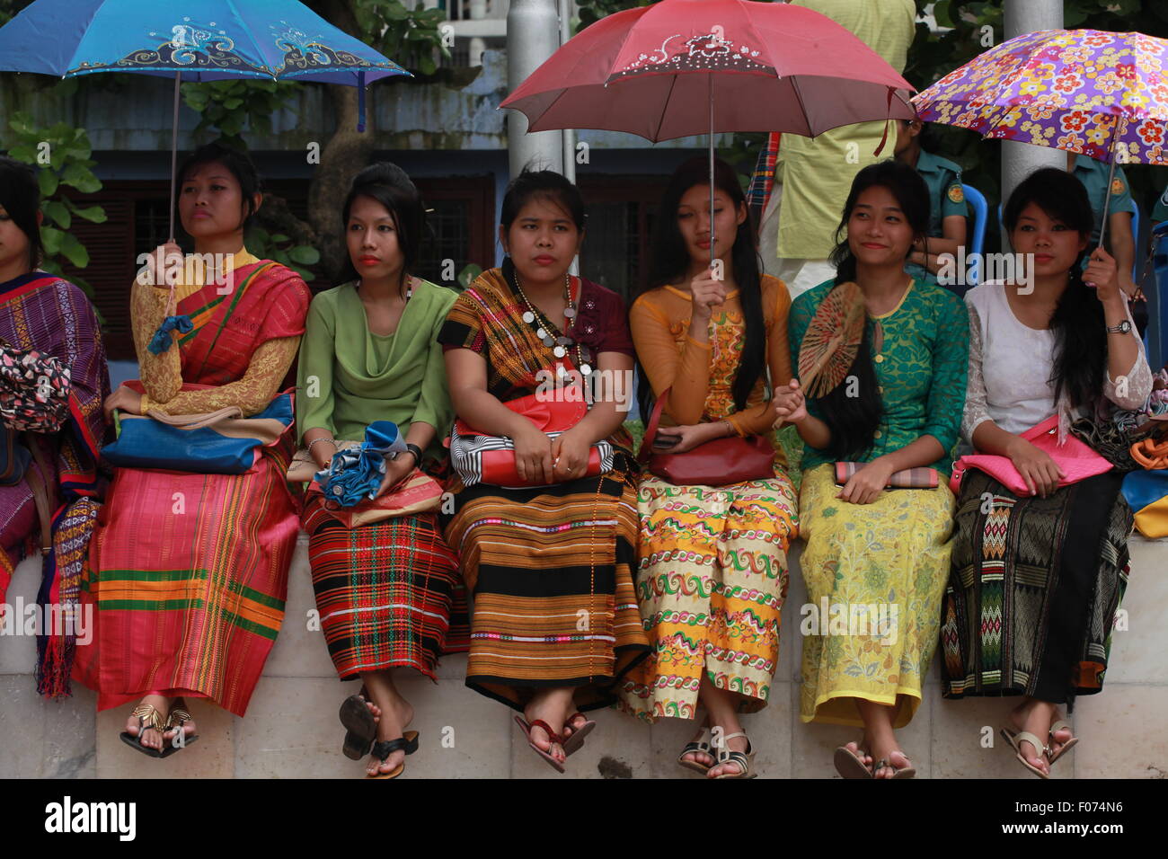 Dhaka, Bangladesh. 9th August, 2015. Bangladeshi indegenious women participate in a gathering in Dhaka held to celebrate United Nations' (UN) International Day of the World's Indigenous People. The event is observed to promote and protect the rights of the indigenous communities rich and diverse cultures  in Dhaka on August 8, 2015.  This year United Ntions make slogan for ths day is 'Ensuring indigenous peoples' health and well-being'. Credit:  zakir hossain chowdhury zakir/Alamy Live News Stock Photo