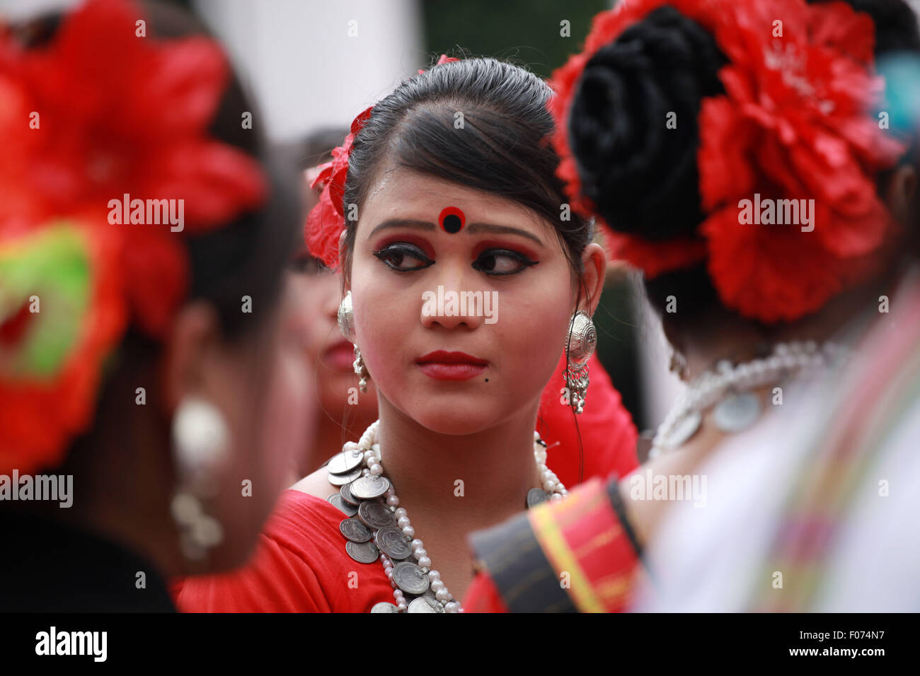 Dhaka, Bangladesh. 9th August, 2015. Bangladeshi indegenious women participate in a gathering in Dhaka held to celebrate United Nations' (UN) International Day of the World's Indigenous People. The event is observed to promote and protect the rights of the indigenous communities rich and diverse cultures  in Dhaka on August 8, 2015.  This year United Ntions make slogan for ths day is 'Ensuring indigenous peoples' health and well-being'. Credit:  zakir hossain chowdhury zakir/Alamy Live News Stock Photo