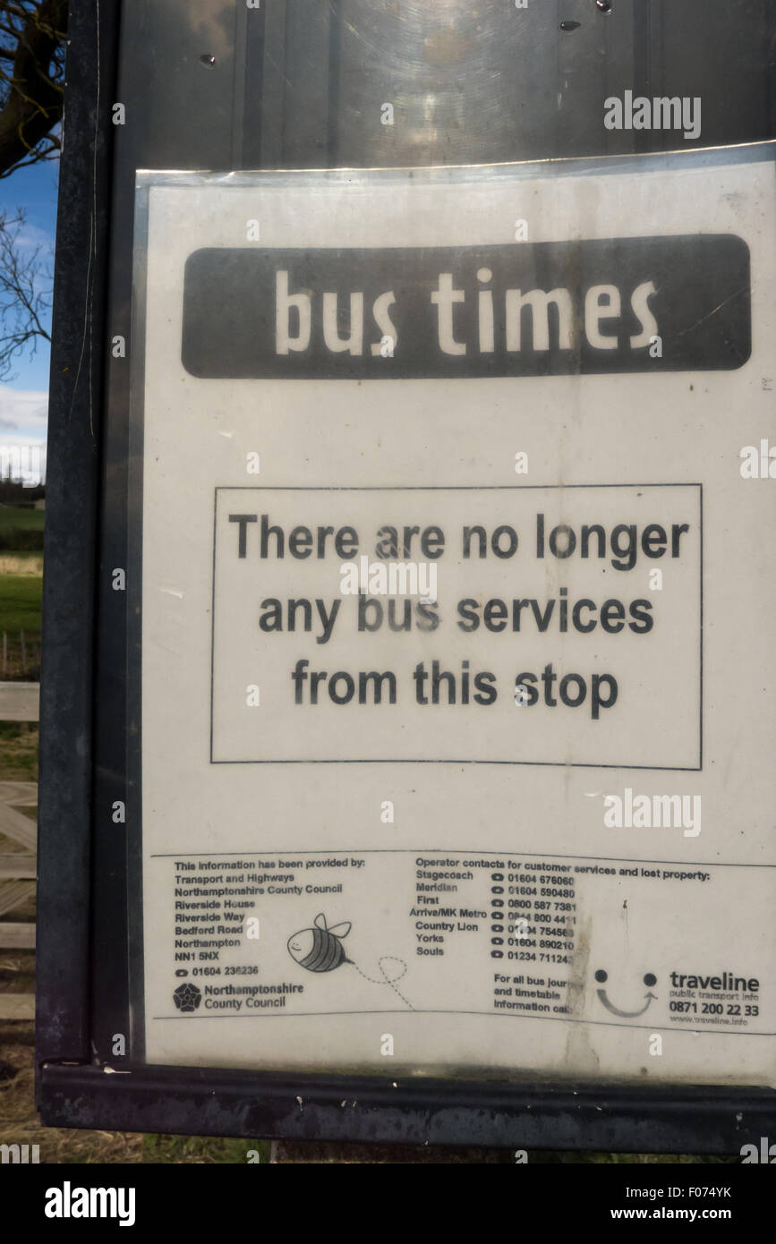 Kings Cliffe, Northamptonshire, England. Bus stop sign ' There are no bus services from this stop.' Stock Photo
