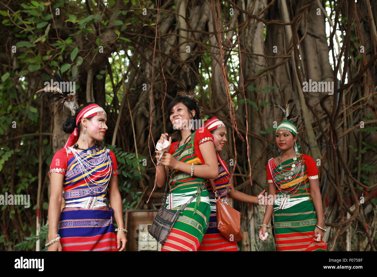 Dhaka, Bangladesh. 9th August, 2015. Bangladeshi indegenious women participate in a gathering in Dhaka held to celebrate United Nations' (UN) International Day of the World's Indigenous People. The event is observed to promote and protect the rights of the indigenous communities rich and diverse cultures  in Dhaka on August 8, 2015.  This year United Ntions make slogan for ths day is 'Ensuring indigenous peoples' health and well-being'. Credit:  zakir hossain chowdhury zakir/Alamy Live News Stock Photo