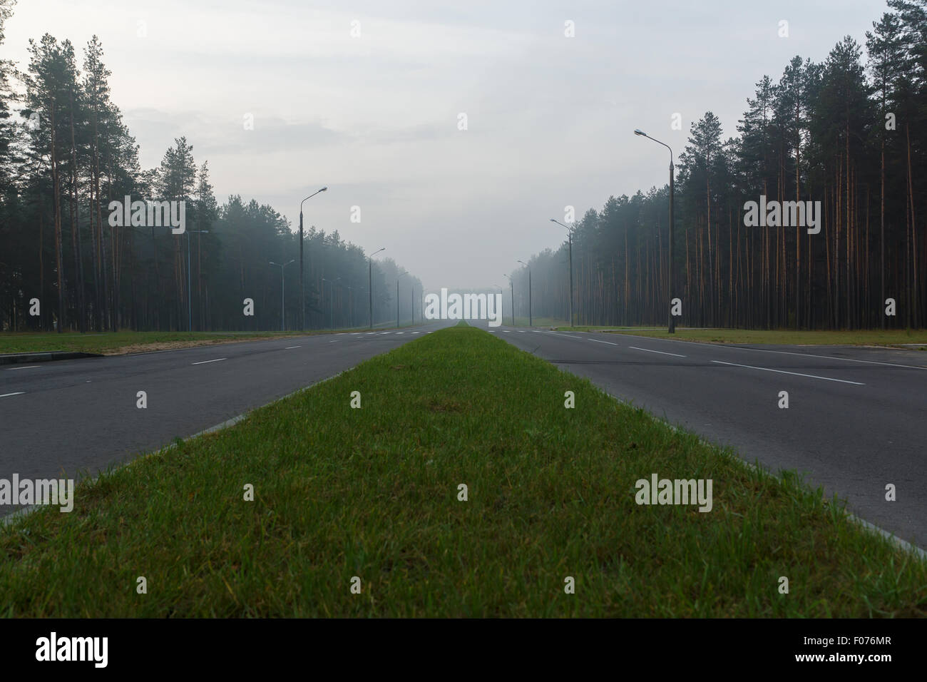 the asphalted road early in the morning is shipped in fog Stock Photo ...