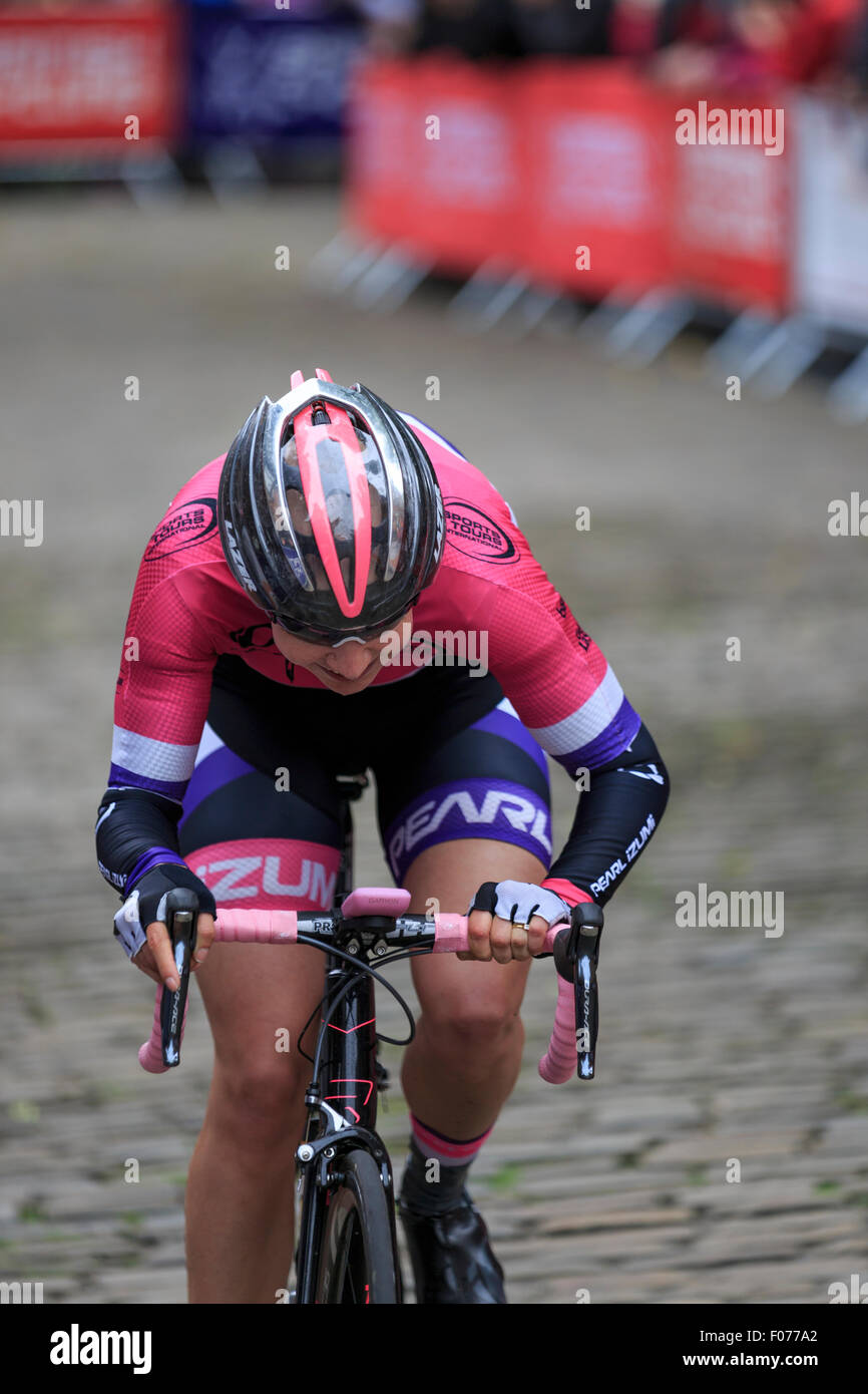 Jo Rowsell on the cobbled climb of Michaelgate and Wordsworth Street during the British National Championships 2015, Lincoln Stock Photo
