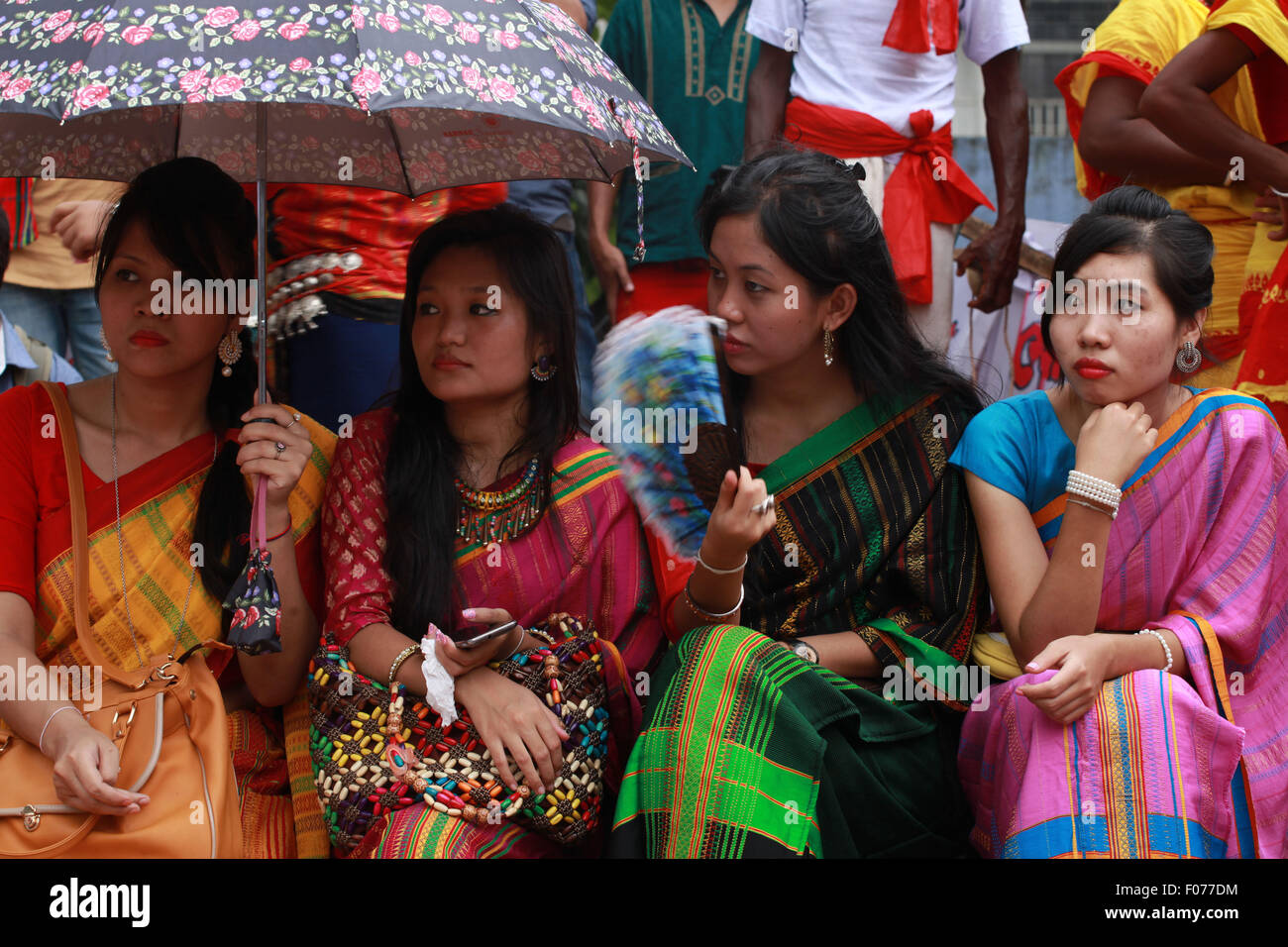 Dhaka, Bangladesh. 9th August, 2015. Bangladeshi indegenious women participate in a gathering in Dhaka held to celebrate United Nations' (UN) International Day of the World's Indigenous People. The event is observed to promote and protect the rights of the indigenous communities rich and diverse cultures  in Dhaka on August 8, 2015.  This year United Ntions make slogan for ths day is 'Ensuring indigenous peoples' health and well-being'. Credit:  zakir hossain chowdhury zakir/Alamy Live News Stock Photo