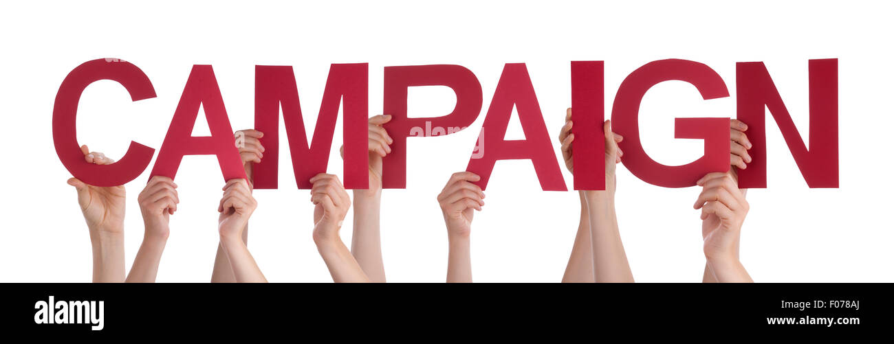Many People Hands Holding Red Straight Word Campaign Stock Photo
