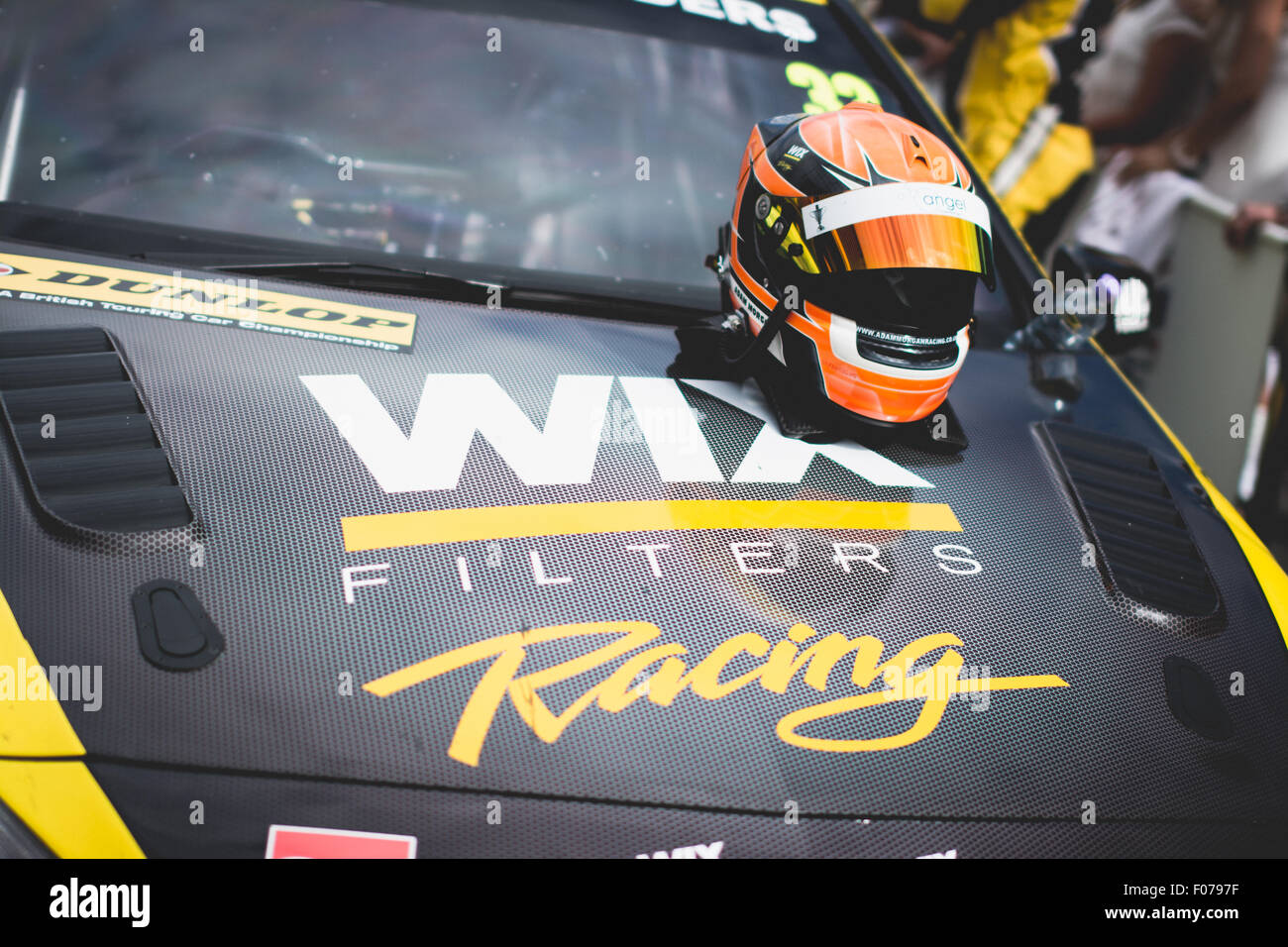 Norwich, Norfolk, UK. 09th Aug, 2015. A detail view of the front of the WIX Filters Racing sign seen on the WIX Racing's Mercedes Benz A-Class, driven by Adam Morgan during the Dunlop MSA British Touring Car Championship at Snetterton Circuit on August 9, 2015 in NORWICH, NORFOLK, UNITED KINGDOM (Photo by Gergo Toth / Alamy Live News) Credit:  Gergo Toth/Alamy Live News Stock Photo