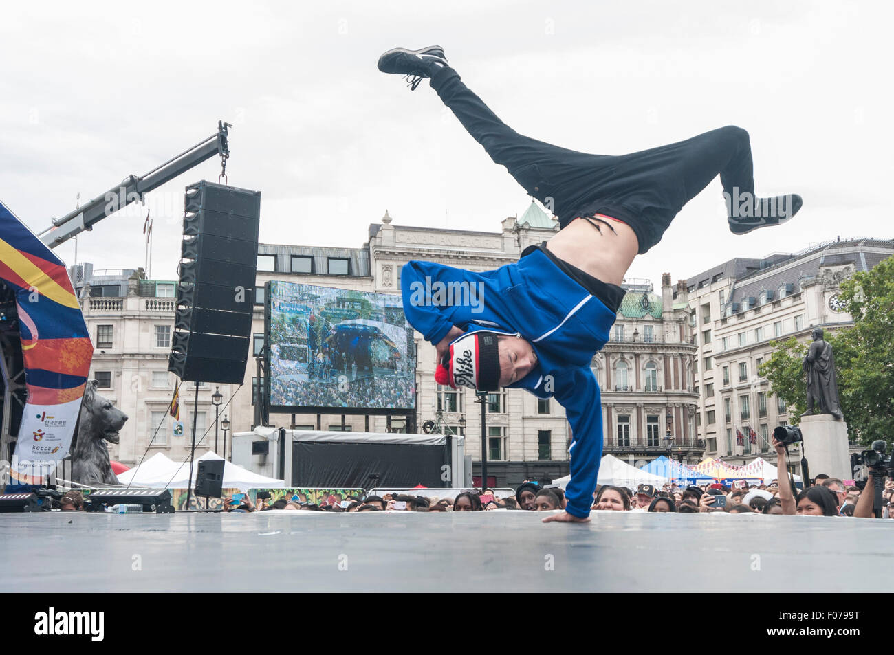 London, UK. 9 August 2015. Jinjo Crew, a Korean BBoy group, perform on