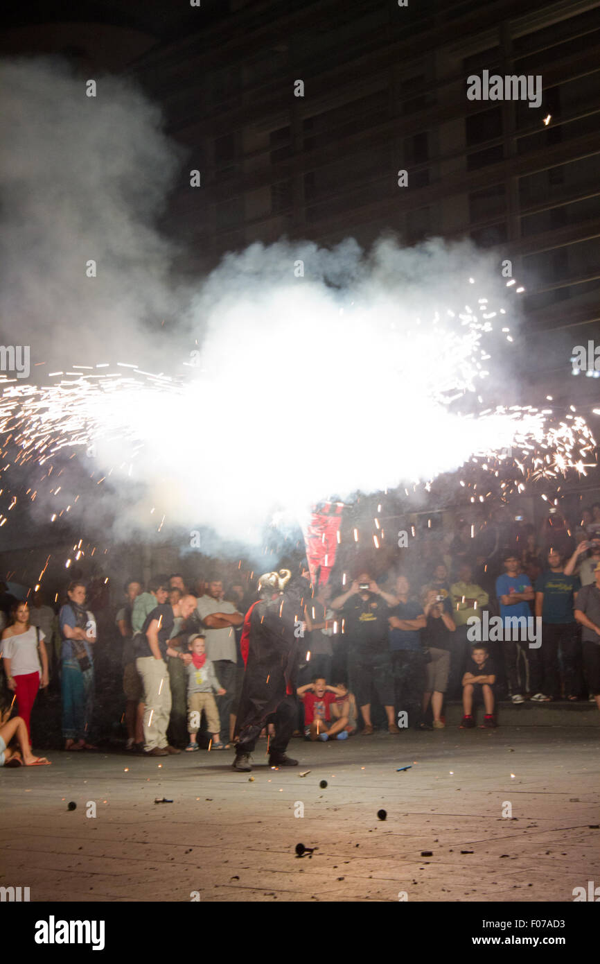 Fire devils in the Fire-Run (Correfoc) traditional celebration in the ...