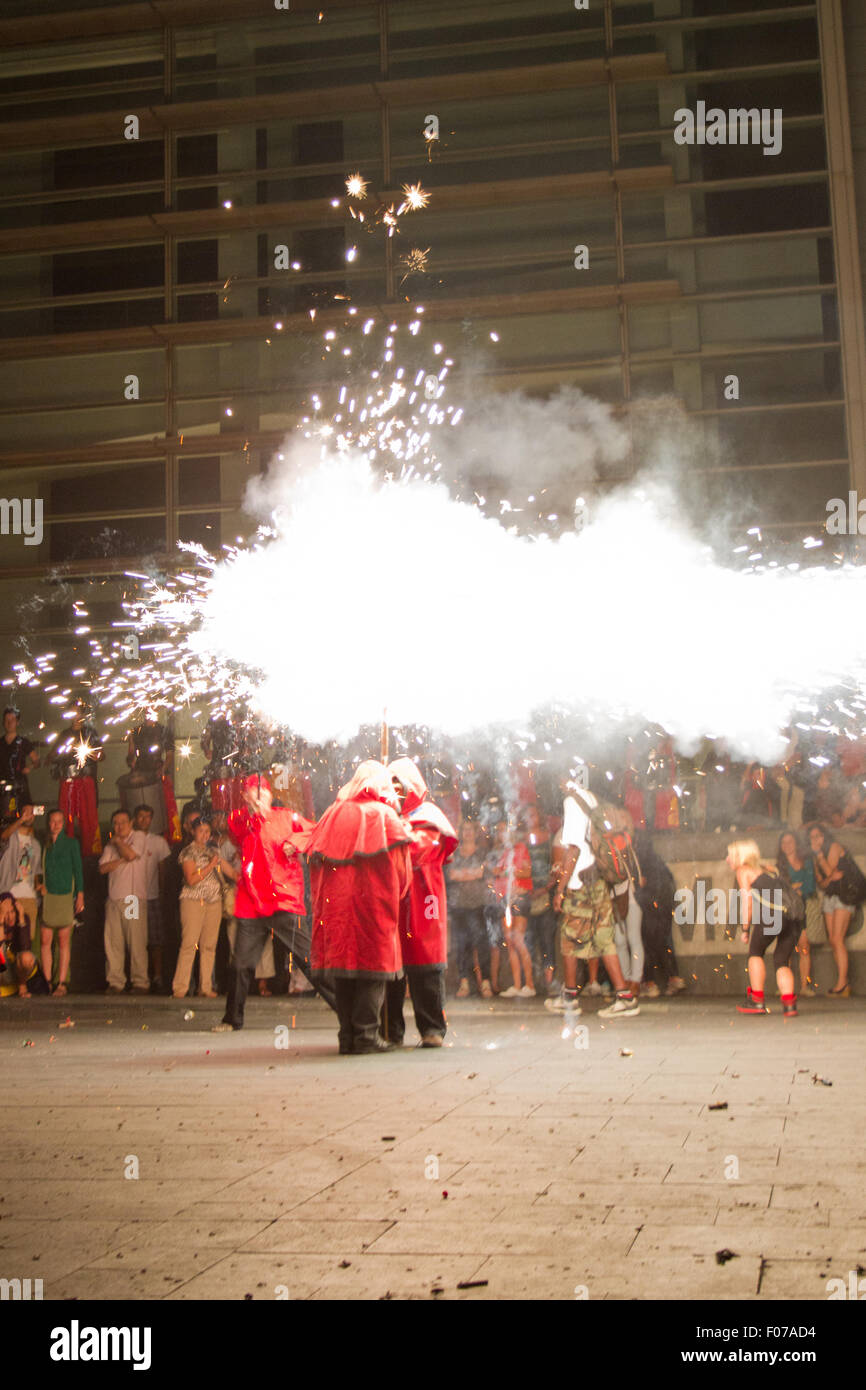 Fire devils in the Fire-Run (Correfoc) traditional celebration in the ...