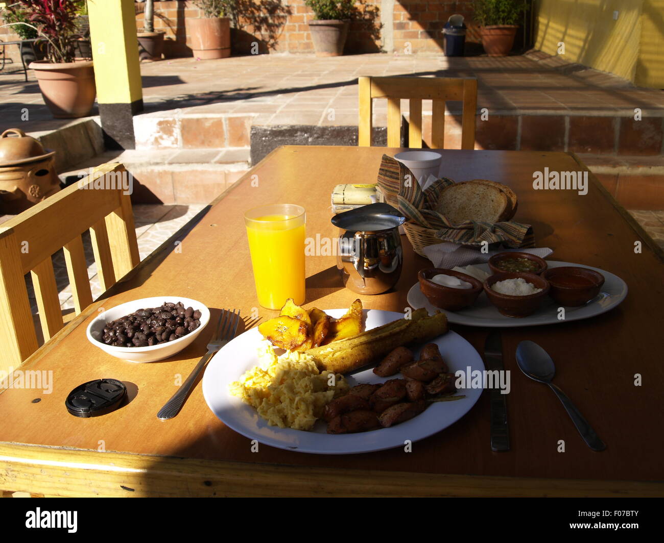Traditional Guatemalan breakfast at a hostel in Antigua, Guatemala Stock Photo Alamy
