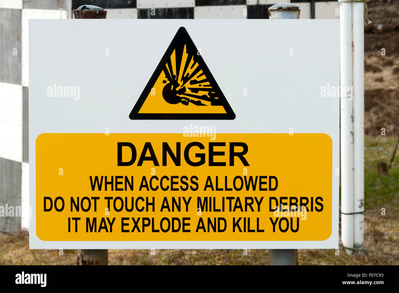 Warning sign at the boundary checkpoint of the Cape Wrath Military Training Area, Sutherland, Scotland, UK Stock Photo