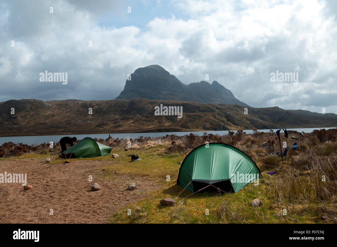Suilven from a wild camp on the south shore of Fionn Loch, Inverpolly Forest, Sutherland, Scotland, UK Stock Photo
