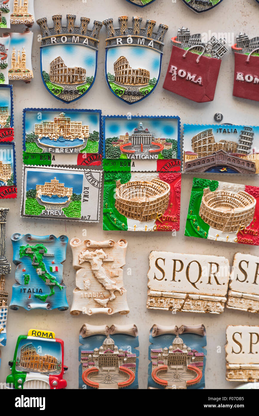 Rome tourism, souvenir fridge on sale outside a shop in the