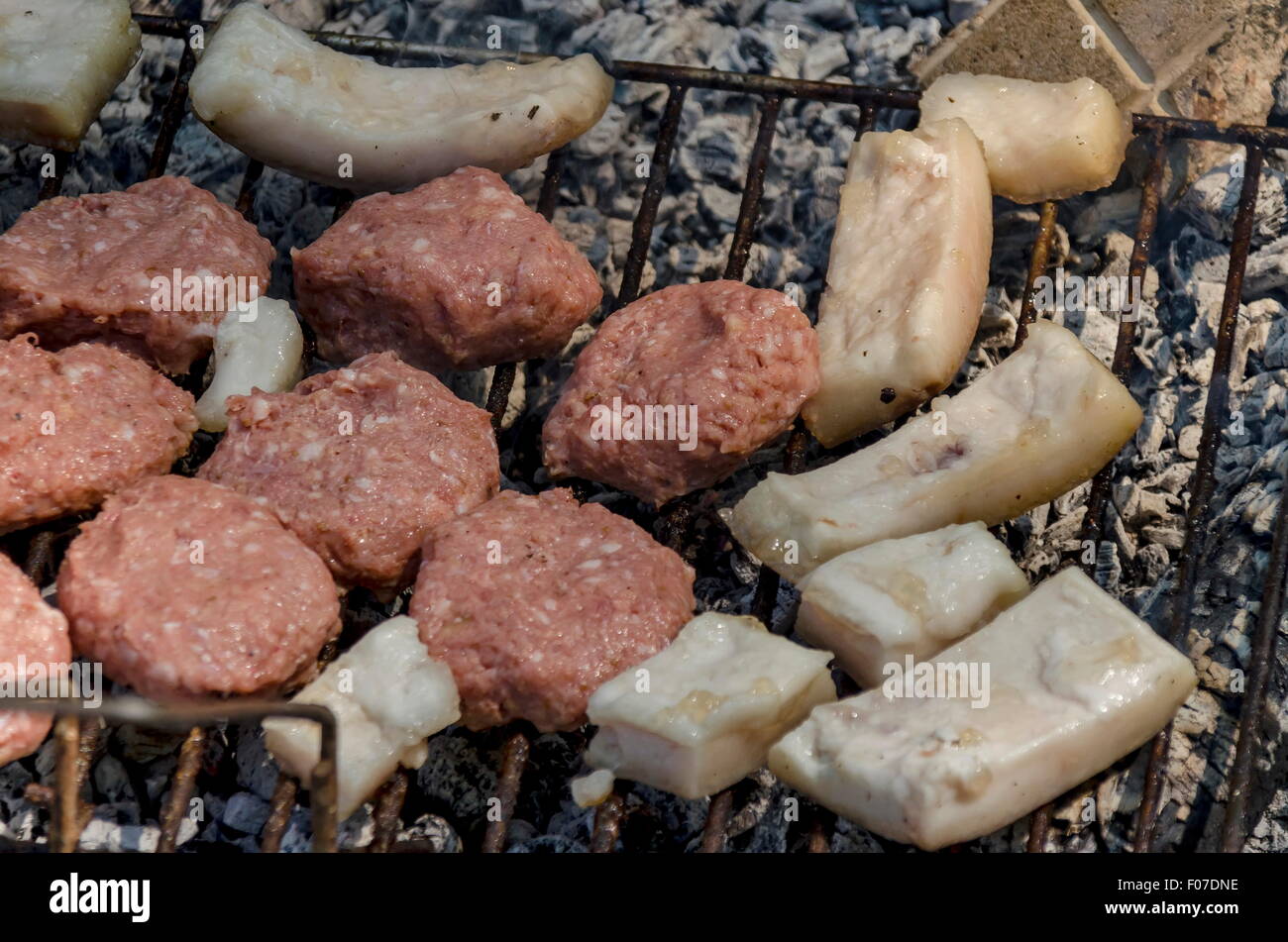 Rissole (meat ball) and bacon of grill Stock Photo
