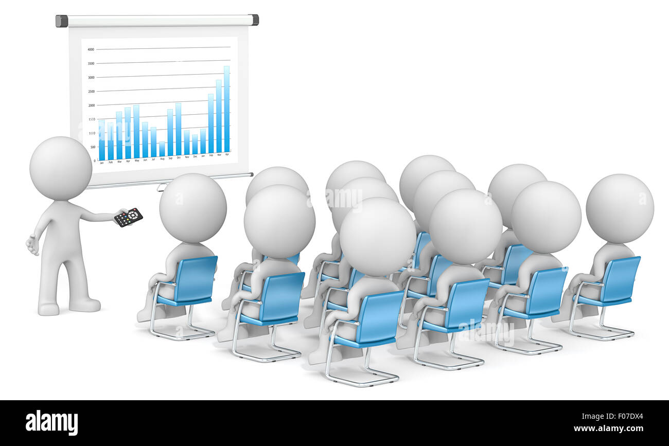 Dude the Business 3D characters X 13 at seminar. Looking at projector screen. Blue Graph. Stock Photo