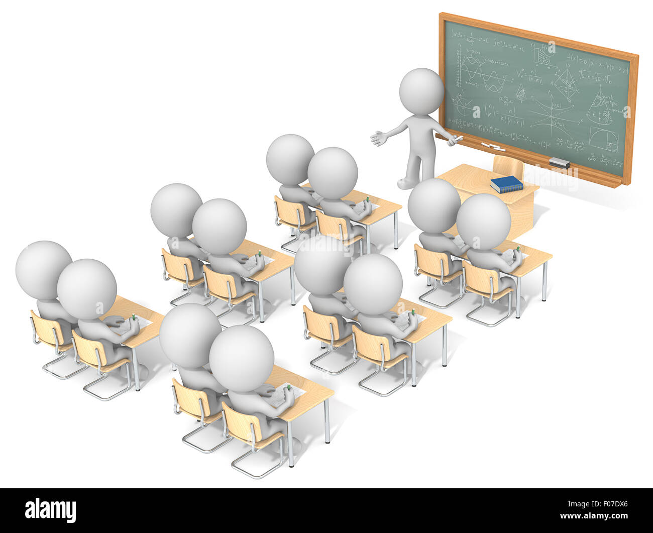 Dude 3D characters X13 in classroom. Chalkboard with sample Mathematics. Top, side view. Stock Photo