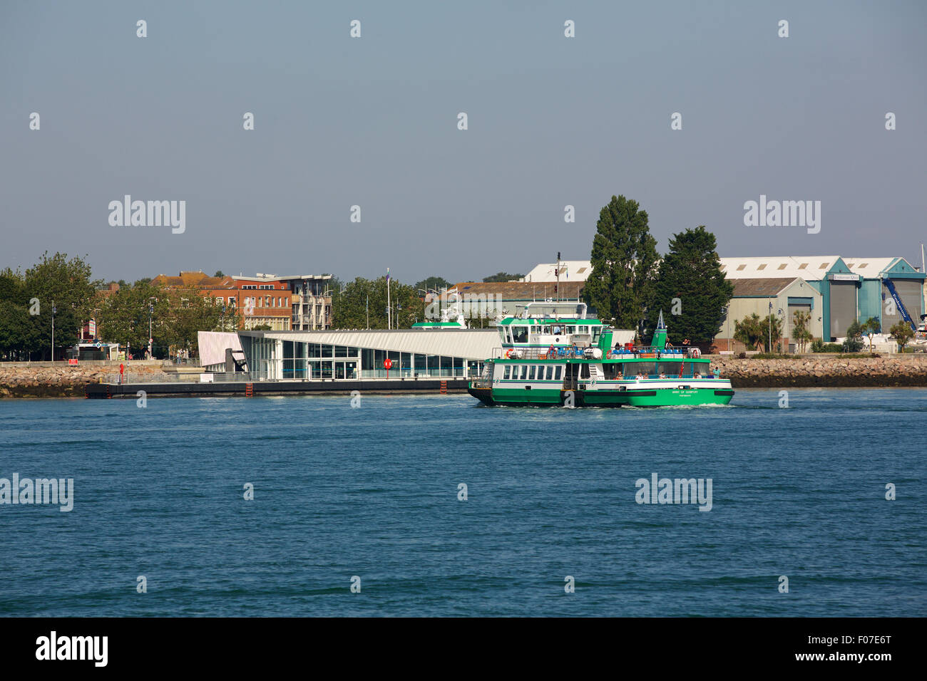 Gosport ferry approaching the terminal on the Gosport side of Portsmouth harbour. Stock Photo