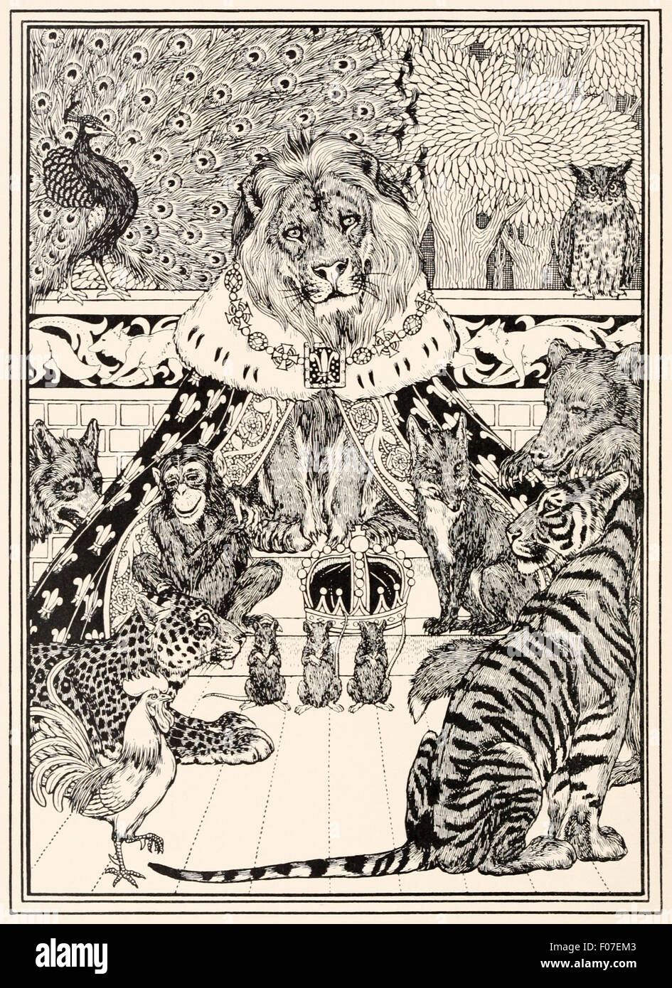 Frontispiece from ‘A Hundred Fables of La Fontaine’ a collection of Aesop's fables dating from circa 600BC. Illustration by Percy J. Billinghurst. See description for more information. Stock Photo